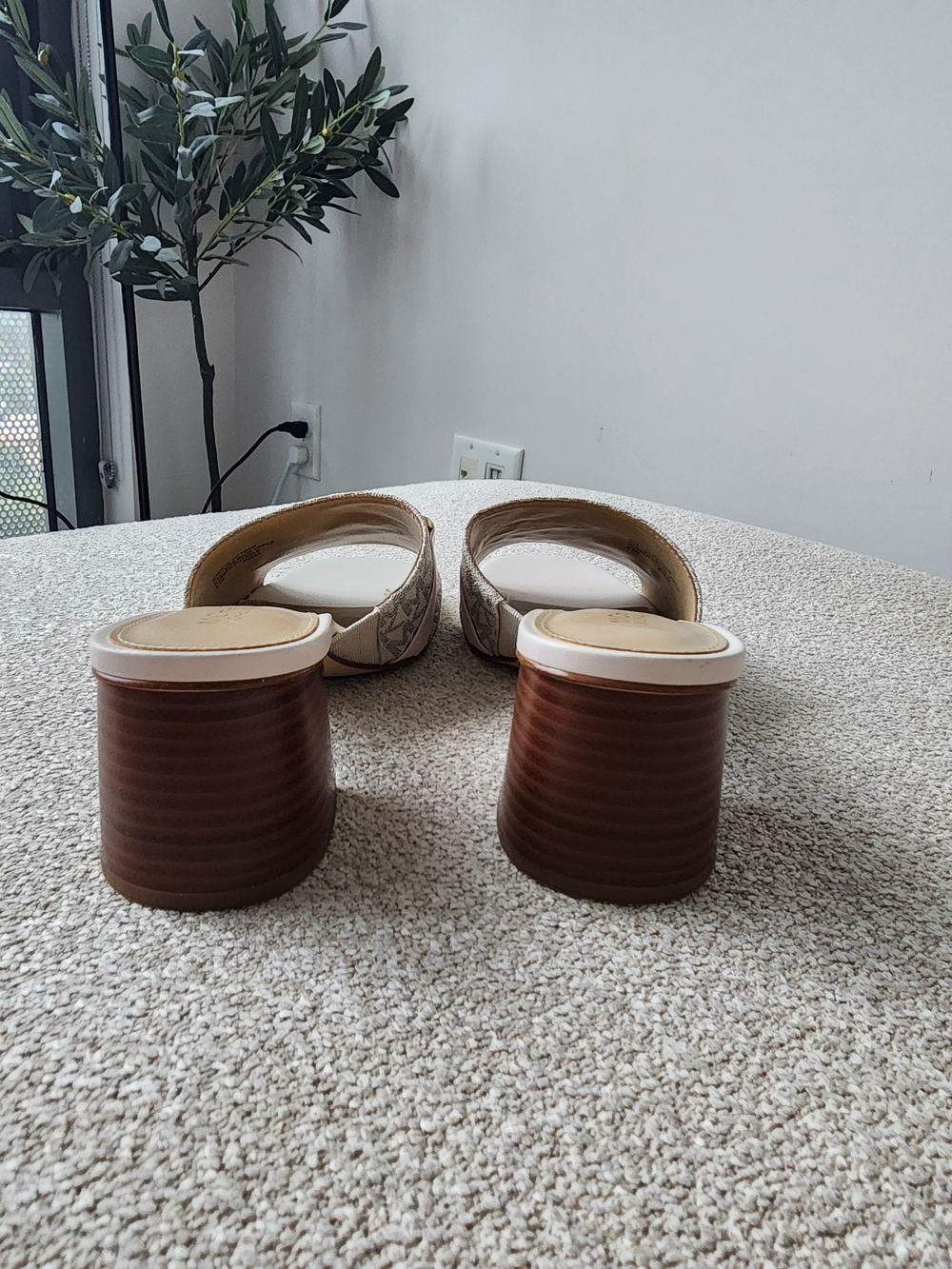Michael Kors Beige Monogram Slide Sandals with Gold MK Accent - Picture 3 of 3